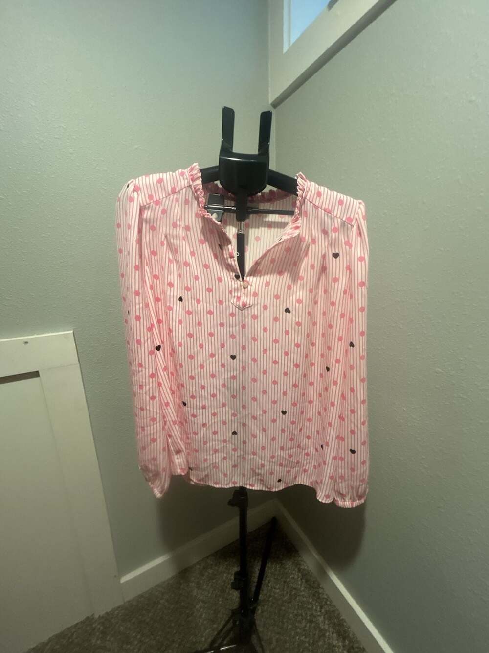 Charter Club Top Size XL Pink Striped Heart Print Ruffle Neck Blouse